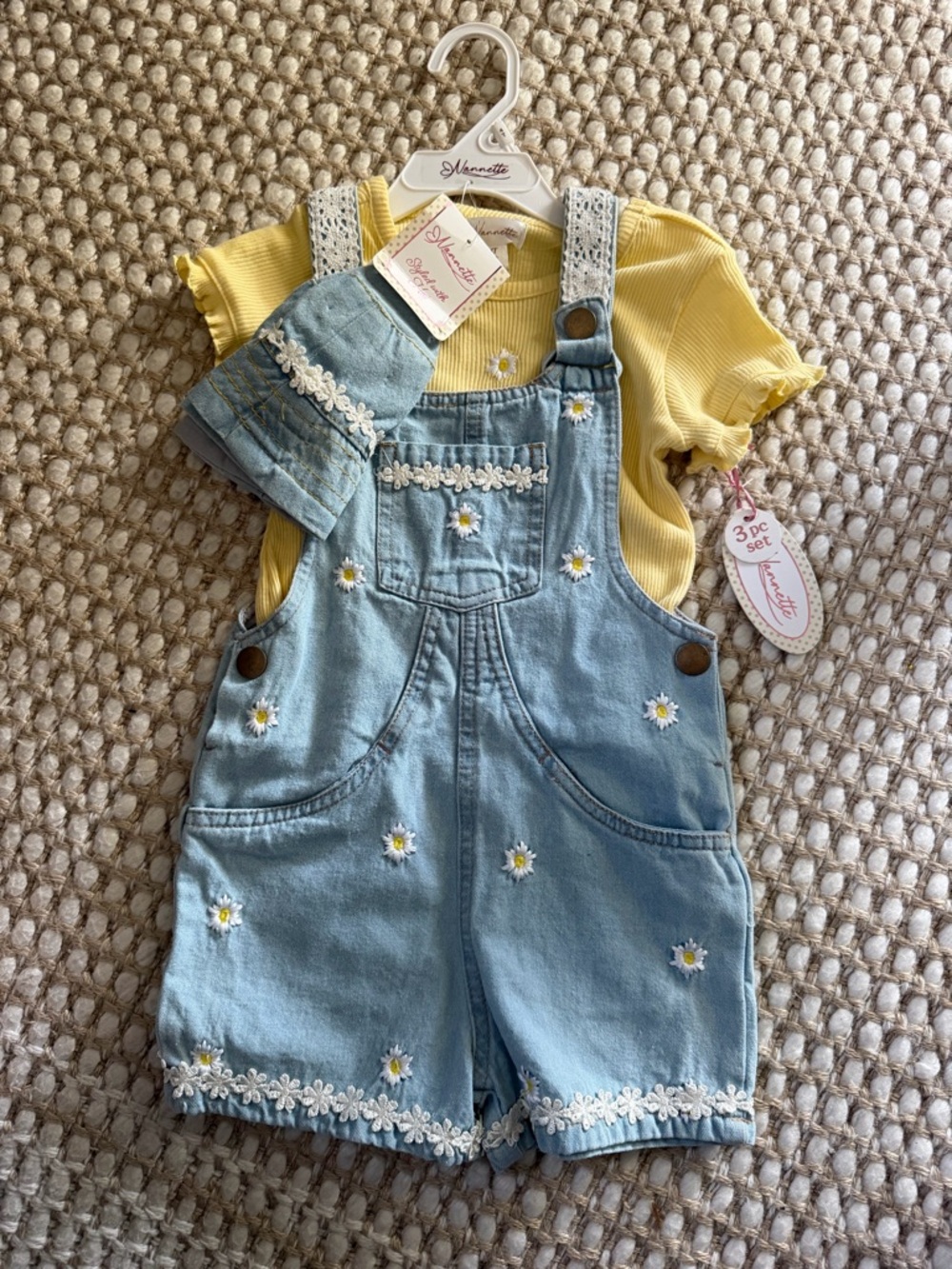 Nannette Yellow RuffleTee with Light Blue Daisy Embroidered Denim Short Overalls